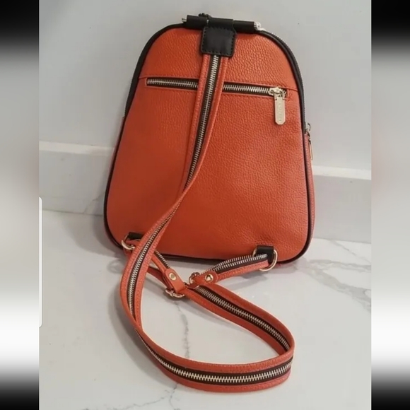 NWT! Valentina Italian Pebbled Leather Orange Backpack Sling/Shoulder Bag - Picture 5 of 14